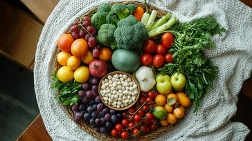 Assorted fresh vegetables and whole grains arranged on a wooden surface