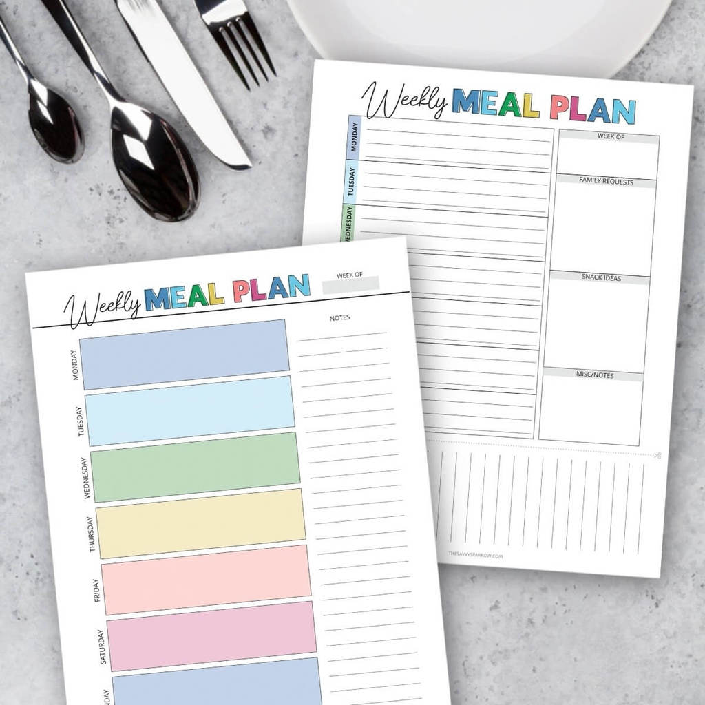 Printed weekly meal plan document beside fresh vegetables on a kitchen counter